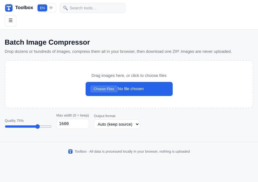 Demo: dropping ten images and compressing them in one batch